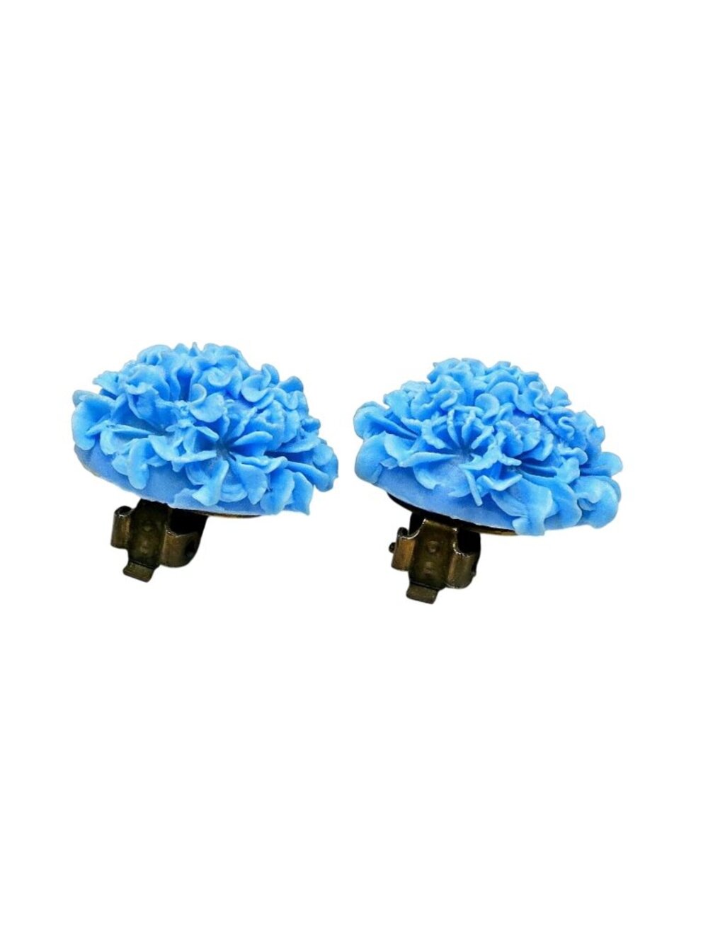 Vintage Carnation Clip‑On Earrings - Blue Resin Florals - 1¼" Diameter - Picture 3 of 5